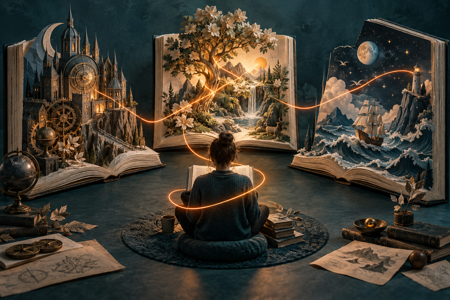 Tre mondi-libro con identità diverse circondano un lettore e sono uniti da un filo arancio.