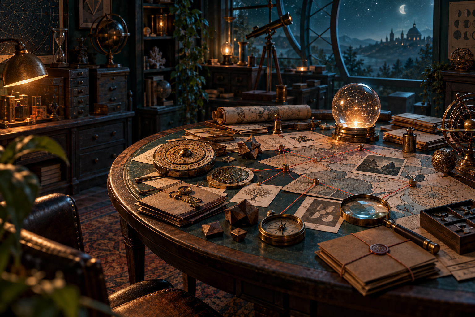 Un atelier notturno con mappe, cifrari, indizi e più casi collegati su un tavolo circolare.